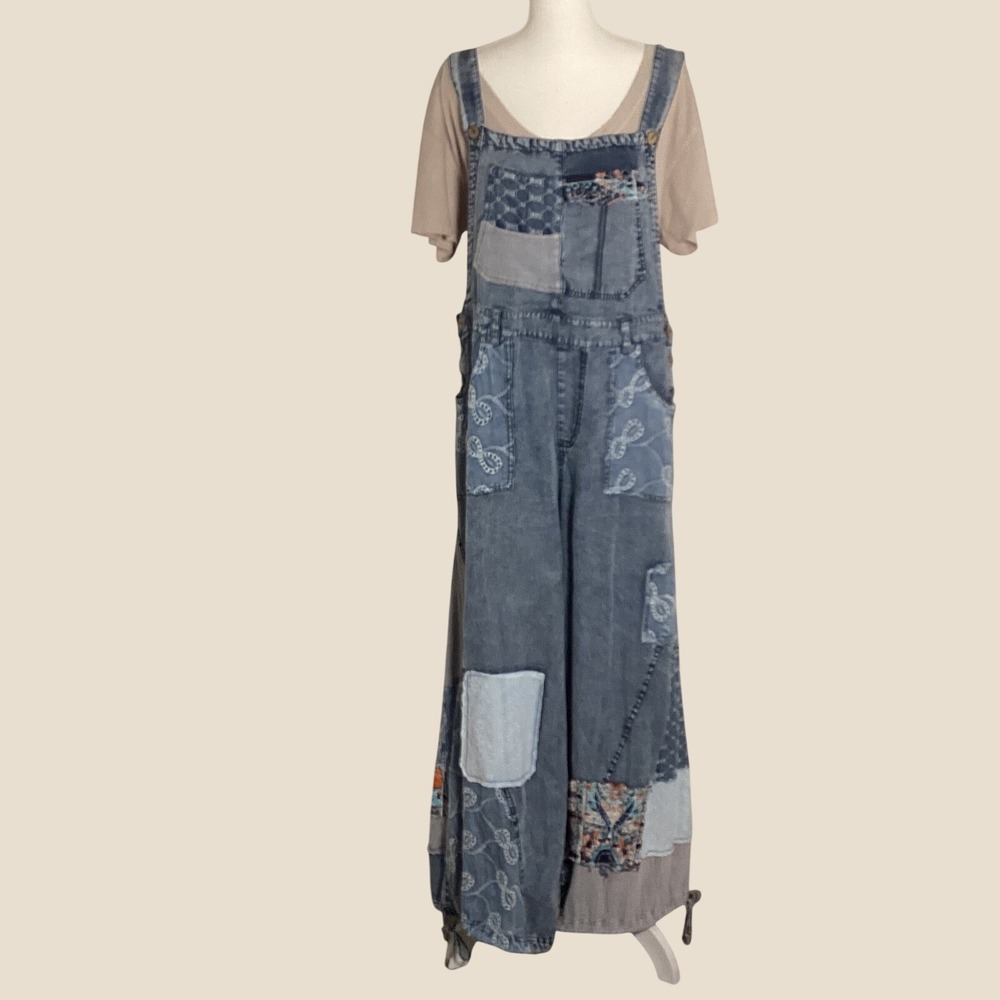 Oli & Hali Patchwork Denim Overalls Women Medium Blue Boho Embroidered Wide Leg